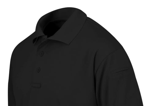 Mens Short Sleeve Uniform Polo Shirt In Black Built For The Daily Grind With Hella Fast Moisture Wicking To Keep You Chill And Fade Proof Pique Polyester That Holds Its Shape Plus A Smart Casual Cut Done Right For Any Working Crew Out Here, showcasing the collar and buttons.