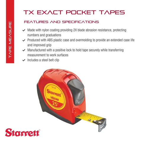 Retractable Imperial Pocket Tape Measure with Nylon Coating Self Adjusting End Hook Steel Belt Clip One Inch Wide Twenty Five Feet Long Built Tough For Quick Measurements On Job Sites with features and specifications displayed.