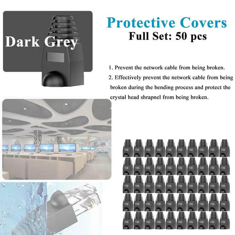 Dark grey connector covers for Pro Grade RJ45 Cat6 Crimp Tool Set with Pass Through Connectors, set of 50, Ethernet protection