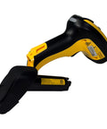 Wireless Barcode Scanner PM9501 DHP910RB with Battery Pack, ergonomic handle and charging slot, side view, rugged design