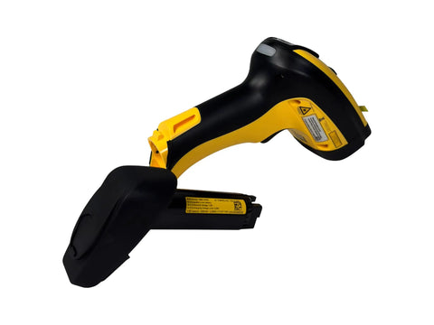 Wireless Barcode Scanner PM9501 DHP910RB with Battery Pack, ergonomic handle and charging slot, side view, rugged design