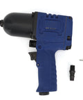Heavy Duty 1/2 Inch Pneumatic Impact Wrench Packing Badass Torque For Professional Garage Equipment And Shop Hardware Maintenance Durable Air Powered Ratchet Tool For No Nonsense Daily Grind with blue handle and accessories.