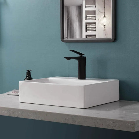 Rectangular Ceramic Vessel Sink For Bathroom Wall Mounted With Pop Up Drain Above Counter Upgrade Your Vanity With Modern Kaolin Ceramic Thick Glazed Surface No Install Kit Included on grey countertop