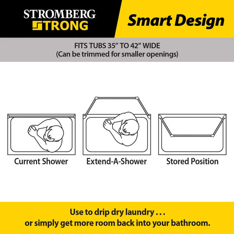 Diagram of shower space transformation with Extend A Shower Space For 35 To 42 Inch Open Showers Universal Fit.