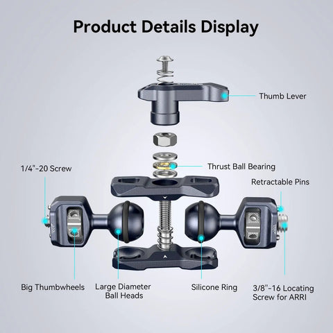 Dual Ball Head Articulating Magic Arm With Retractable Pins, 360 Degree Rotation, 12 Lb Load, exploded view with labeled components.
