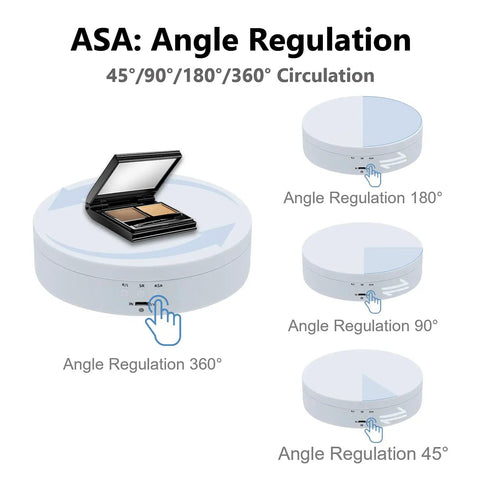 Mcbazel 5.4 Inch Motorized Rotating Display Stand With 360 Degree Electric Turntable showing angle regulation settings for showcasing items.