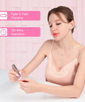 Woman using the Top Shelf Cordless Nail Drill Set Rechargeable Electric Nail File And Buffer With Heavy Duty Bits For Acrylic Gel And Dip Powder Care While Keeping Your Manicure Game Strong In Classic Gold.