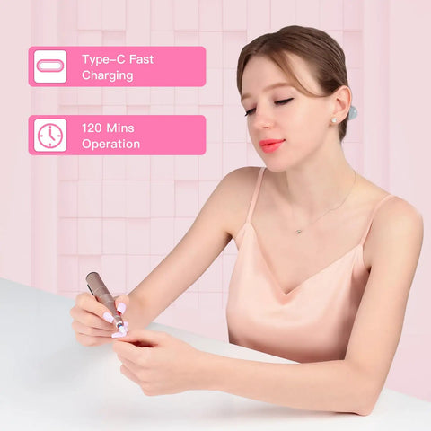Woman using the Top Shelf Cordless Nail Drill Set Rechargeable Electric Nail File And Buffer With Heavy Duty Bits For Acrylic Gel And Dip Powder Care While Keeping Your Manicure Game Strong In Classic Gold.