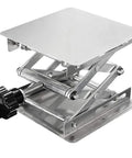 Stainless steel lab jack lift stand with 8x8 in square platform and black adjustment knob