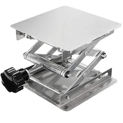 Stainless steel lab jack lift stand with 8x8 in square platform and black adjustment knob
