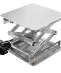 Heavy Duty 4 Inch By 4 Inch Stainless Steel Lab Jack Lift Stand Table Scissor Platform with black knob for adjustable height.