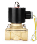 Brass electric solenoid valve with black coil, side port, and yellow/white wires (front view).