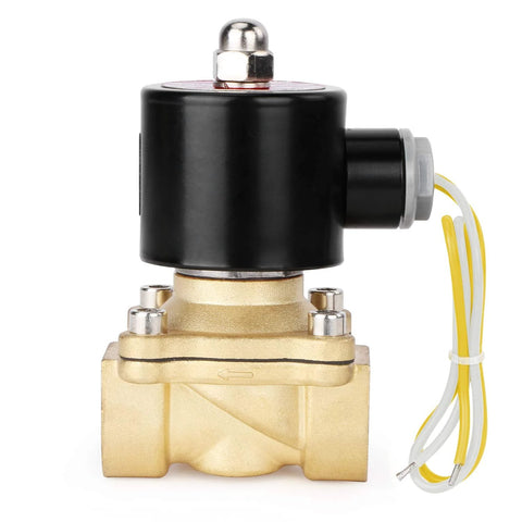 Brass electric solenoid valve with black coil, side port, and yellow/white wires (front view).