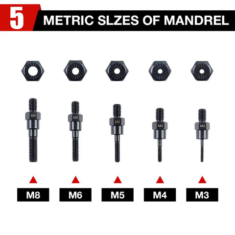 Metric sizes of mandrels for Top Rated Electric Riveting Gun With Carrying Case For Home And Auto with M3 to M8 options.