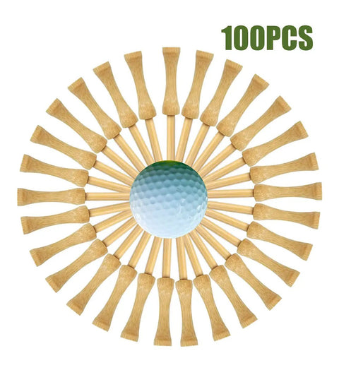 Step Down Golf Tees 2 1/8 Inch, 2 3/4 Inch, and 3 1/4 Inch, 100 Pack Wooden Bamboo Castle Tees arranged around a golf ball.