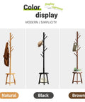 Freestanding Bamboo Coat Rack With Two Shelves And Eight Hooks, Easy Assembly, 12.6 Inch Storage Tray, Four Height Options, Hallway Or Office Floor Stand Brown, Black, Natural colors displayed.