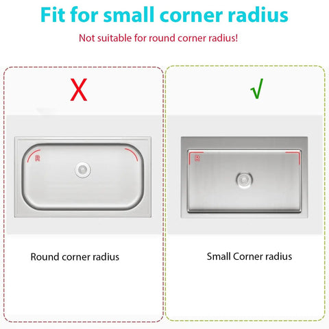 Image showing fit comparison for Heavy Duty Stainless Steel Kitchen Sink Grid Protector with small vs round corner radius.