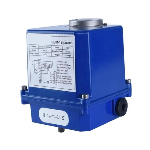 Compact 90 Degree Rotary DC Motorized Valve Actuator Featuring Dual 12V And 220V Plug And Play Power For Rock Solid Electric Gate Control Across Tight Plumbing Installations, blue unit with specifications.
