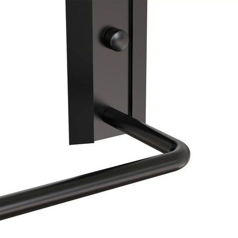 Close-up of black anodic oxidation aluminum frame of Tempered Glass Wall Shelf with Towel Bar for Bathroom, 15.2 by 4.5 Inches