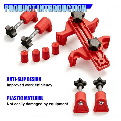 Professional Nine Piece Universal Dual Camshaft Locking Kit With Tight No Fuss Engine Timing Sprocket Alignment Bars For Rock Solid Twin Cam Repair Work Straight From The Garage, featuring red anti-slip design and plastic material.