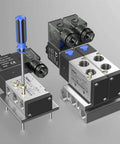 12 Volt One Eighth Inch Solenoid Valve for pneumatic systems with screwdriver for assembly, 3 Way Pneumatic Air Control Valve shown in metal and plastic build.