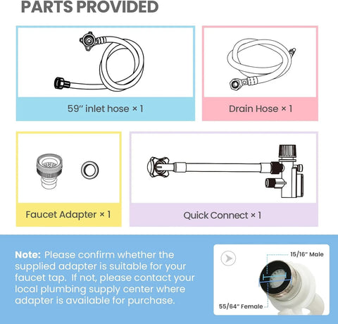 COMFEE' countertop dishwasher parts: 59-inch inlet hose, drain hose, faucet adapter, quick connect.
