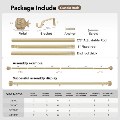 Wood Look Metal Curtain Rod Set No Fuss 1 Inch Heavy Duty Adjustable Rods With Leaf Pattern Finials package contents and diagram