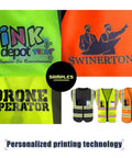 Personalized prints on No Sweat High Visibility Reflective Safety Vest With Custom Logo And Deep Pockets Super Snag Free Mesh Neon Blue Crew Wrap Rock Solid 4XL Fit For Everyday Job Sites.