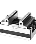 Job Site Workhorse Self Centering Cnc Pliers Precision Five Axis Turntable Fixture heavy duty bench clamp with flat jaws viewed from the side.