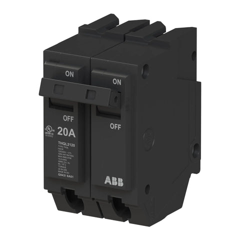 Q-Line 20 Amp Double Pole Circuit Breaker 120 240 VAC Thermal Magnetic Plug On Load Center Safety for Residential and Commercial Panels Built Tough for Home and Pro Shops 10 kAIC black ABB breaker front view