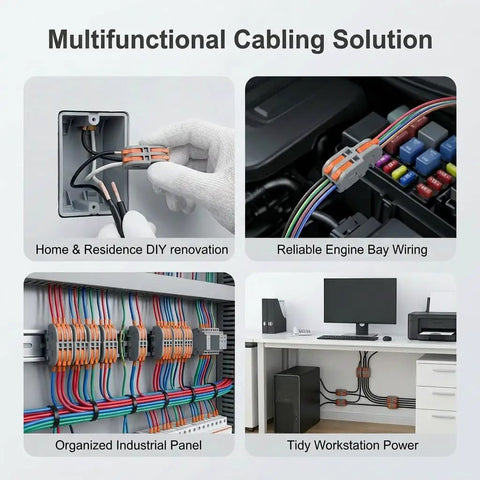 Twenty Pack Mini Lever Wire Connectors For Dead Simple Diy Splicing shown in various wiring applications for home and automotive use.