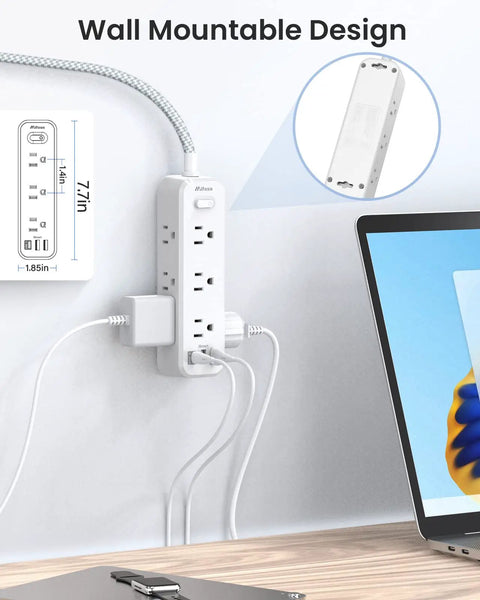 Power Strip Surge Protector With Nine Outlets Two USB Ports And One USB C Three Sided Braided Four And A Half Foot Extension Cord Flat Plug Wall Mount Extender Must Have For Home And Office Desktop Charging Station