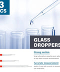 Close-up of glass dropper with liquid, part of 31 Piece Lab Glassware Set With Beakers Cylinders Erlenmeyer Flasks Dropper Bottles Storage Bottles Stirring Rods Droppers And Funnels For Chemistry Science Class Home Lab Use A Complete Gear Kit