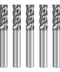 Five Piece Carbide End Mill Set Three Eighths Inch Shank Four Flute Square Nose CNC Milling Bits Heavy Duty For Titanium Alloy Steel Stainless And High Temperature Alloys HRC70 Hardness Wear Resistant Cutting Tools