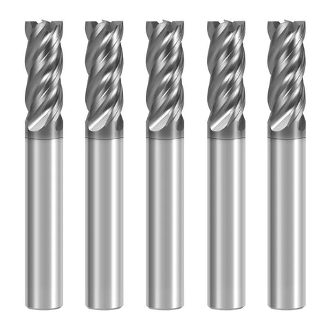 Five Piece Carbide End Mill Set Three Eighths Inch Shank Four Flute Square Nose CNC Milling Bits Heavy Duty For Titanium Alloy Steel Stainless And High Temperature Alloys HRC70 Hardness Wear Resistant Cutting Tools