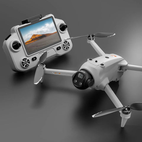 Close-up of GPS Drone With Screen Remote Control, Brushless Motors, Real Time Obstacle Avoidance, Optical Flow Localization, Auto Return, One Key Airdrop, Dual Batteries, White Edition on gray surface.