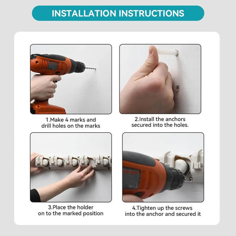Installation instructions for Heavy Duty Broom Holder Wall Mount Organizer 2 Pack With 5 Adjustable Slots And 6 Foldable Hooks