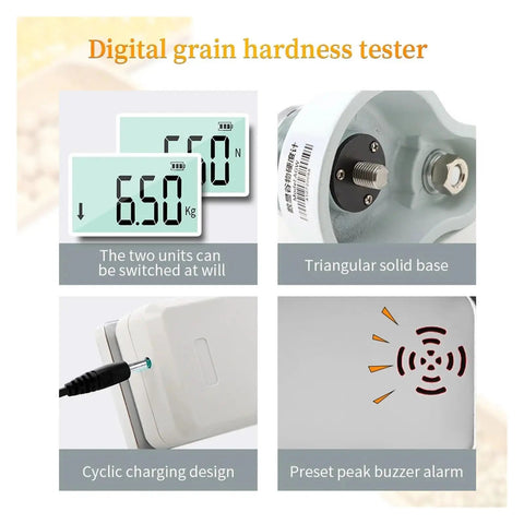 Digital Grain Hardness Tester Sclerometer Durometer Machine display with switching units, solid base, charging design, and alarm features.