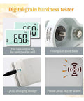 Hella Precise Digital Grain Hardness Tester Grab And Go Field Tool, showing dual unit display, solid base, charging port, and alarm features.