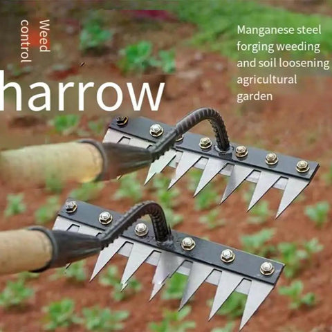Heavy Duty Carbon Steel Weeding Rake With 7 Teeth For Garden Weeding And Soil Prep Durable Triple Welded Yard Tool in use over soil
