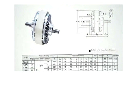 Diagram and specifications of Six Newton Meters Magnetic Powder Double Shaft Brake 24V Tension Controller for power transmission