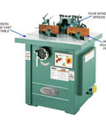 Straight Up 5 Hp Spindle Shaper With Three Quick Swap Arbors And Four Sick Speed Settings Built Tough For Heavy Duty Routing and Custom Woodworking Buildouts mounted on a cast iron table with controls.