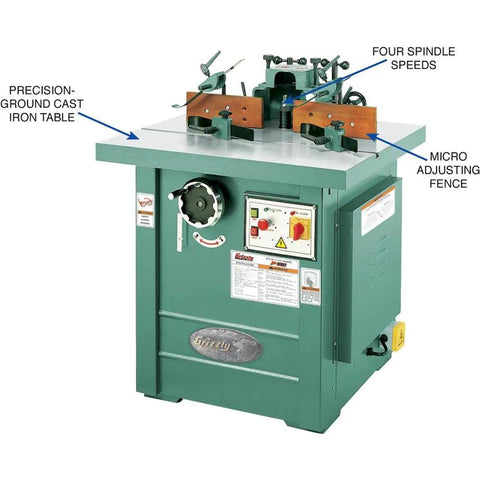 Straight Up 5 Hp Spindle Shaper With Three Quick Swap Arbors And Four Sick Speed Settings Built Tough For Heavy Duty Routing and Custom Woodworking Buildouts mounted on a cast iron table with controls.
