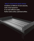 Four Pack Heavy Duty 1U Vented Cantilever Server Rack Shelf With Rock Solid 10 Inch Depth Built Like A Tank For Standard 19 Inch Data Cabinets, showing perforated design.
