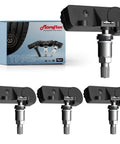 Straight Out The Box Preprogrammed Tpms Tire Pressure Sensors For Gm Chevy Silverado Equinox Cadillac 2002 Through 2021 No Drama Required Oem Spec Replacement Sets For Your Rig four TPMS sensors displayed with packaging.