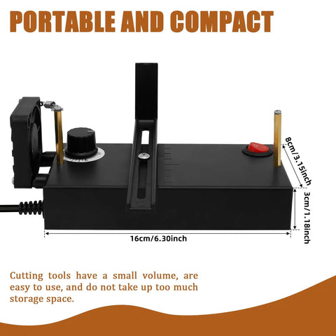 Hot Ribbon Cutter Machine With Adjustable 100 To 600 Celsius Temperature Electric Rope Cutter DIY Friendly Portable Heat Cutter For Braided Ribbon And Webbing Includes Screwdriver Built In Fan, showing compact size and portable design.