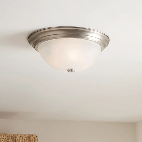 Three Light Flush Mount Ceiling Light in Brushed Nickel With Clear Satin Etched Glass, 15.25 Inch Wide, installed on ceiling