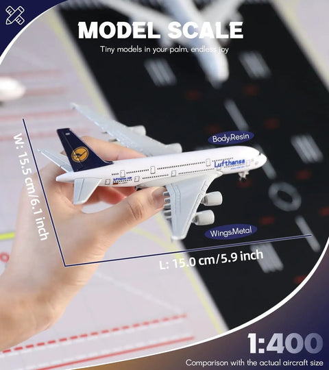 Holding 1/400 Scale Airbus A380 Model With Detachable Landing Gear And Display Stand, compact 6-inch plane model.