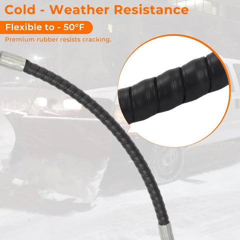 Close-up of heavy-duty black rubber hydraulic snow plow hose with ribbed sleeve, 1/4x42/1/4x16 fittings