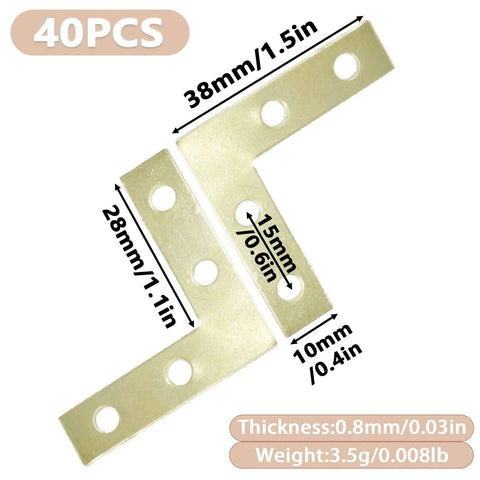 Heavy Duty 40 Pack L Corner Brackets Gold 1.5 Inch Steel Decorative Mounting Braces for Picture Frames and Furniture Reinforcement, dimensions 38mm x 28mm.
